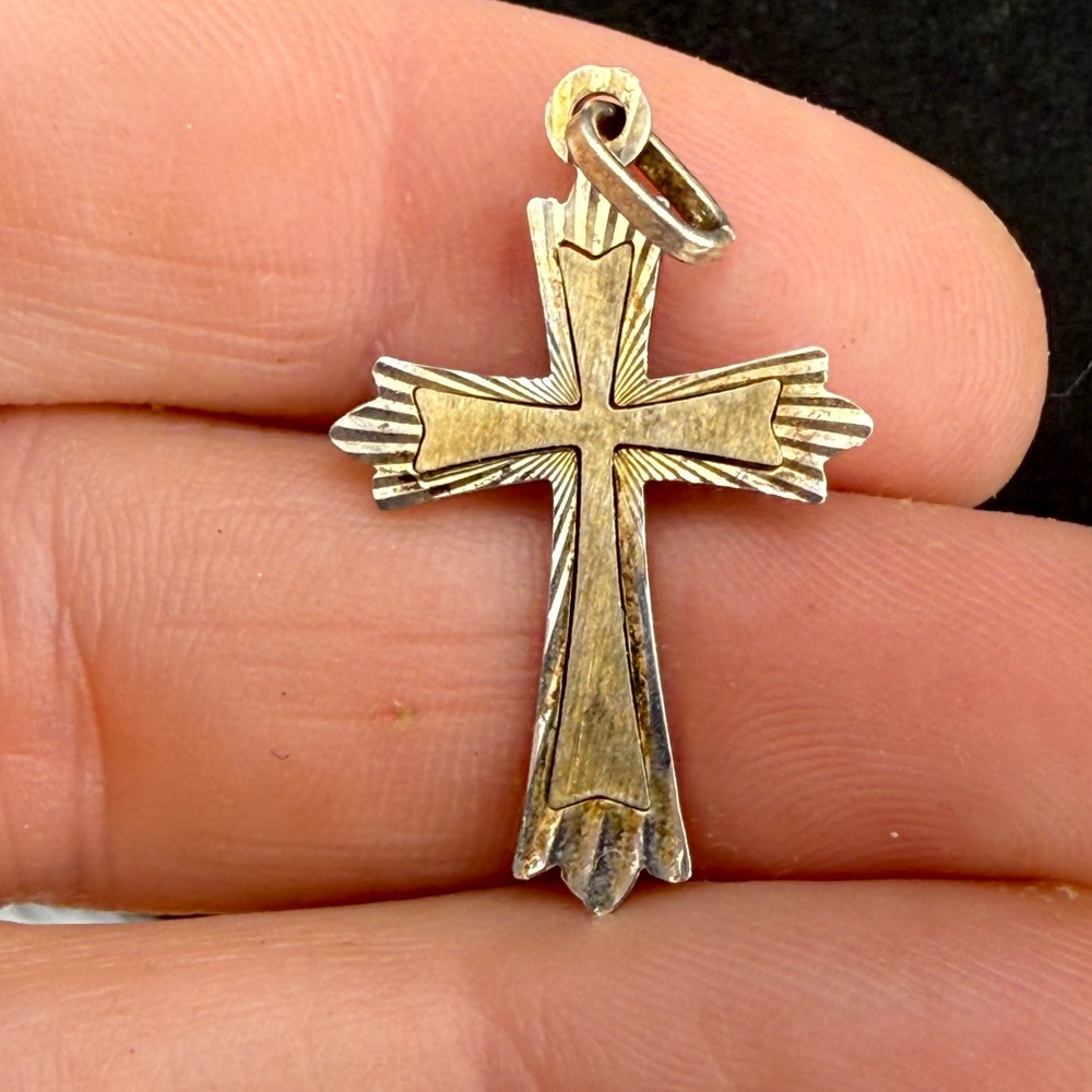 Vintage SU Italy Cross Pendant Sterling Silver Two Tone 925 Layered Textured